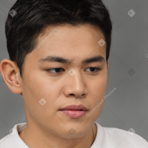 Joyful latino young-adult male with short  brown hair and brown eyes
