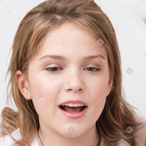 Joyful white child female with medium  brown hair and blue eyes