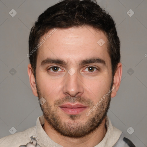 Neutral white young-adult male with short  brown hair and brown eyes