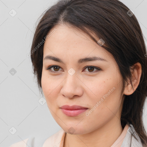 Joyful white young-adult female with medium  brown hair and brown eyes