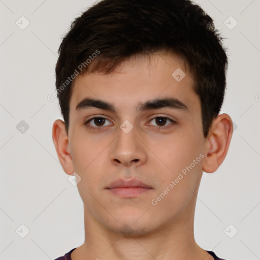 Neutral white young-adult male with short  brown hair and brown eyes