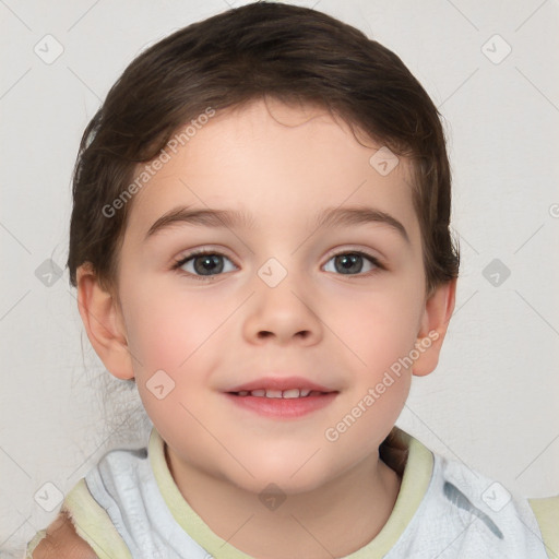 Joyful white child female with short  brown hair and brown eyes