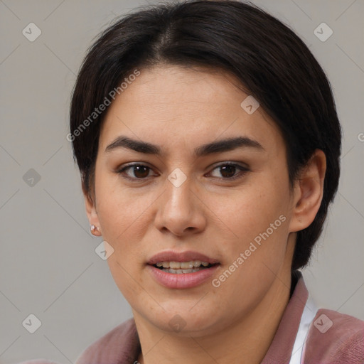 Joyful asian young-adult female with medium  brown hair and brown eyes