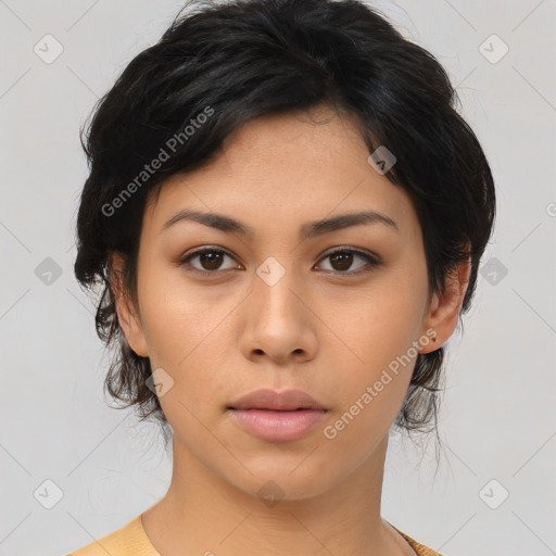 Neutral asian young-adult female with medium  brown hair and brown eyes