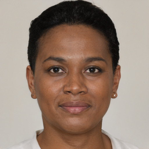 Joyful black young-adult female with short  black hair and brown eyes