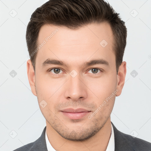 Neutral white young-adult male with short  brown hair and brown eyes