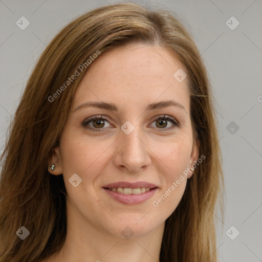 Joyful white young-adult female with long  brown hair and green eyes