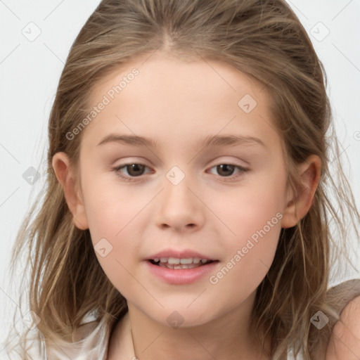 Joyful white child female with medium  brown hair and brown eyes