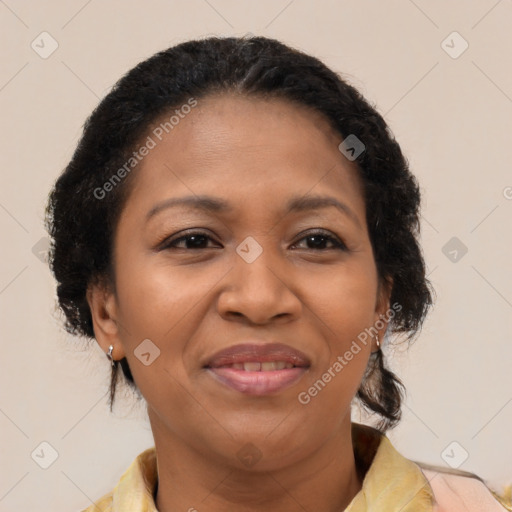 Joyful black adult female with medium  brown hair and brown eyes