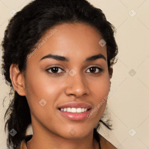 Joyful latino young-adult female with long  brown hair and brown eyes