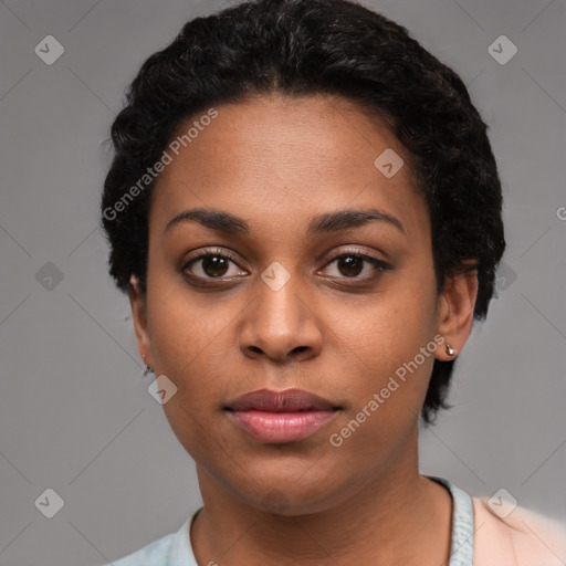 Neutral latino young-adult female with short  black hair and brown eyes