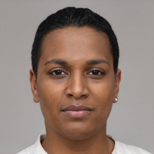 Joyful black young-adult female with short  black hair and brown eyes