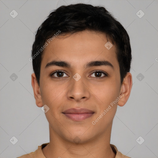 Joyful latino young-adult male with short  brown hair and brown eyes