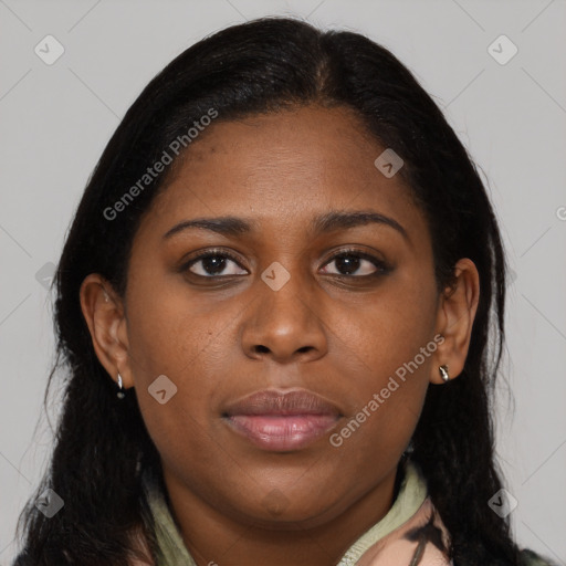 Joyful black young-adult female with medium  brown hair and brown eyes