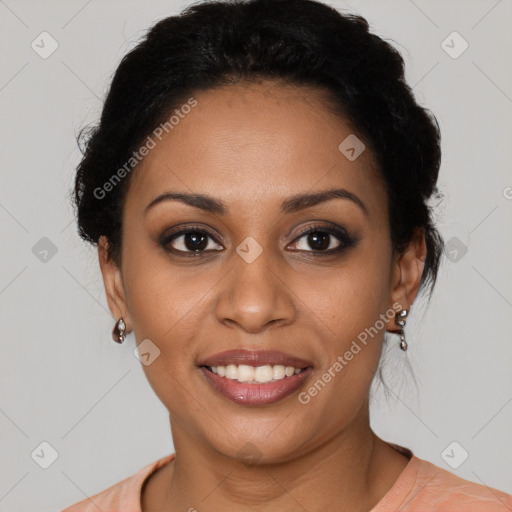 Joyful latino young-adult female with short  black hair and brown eyes