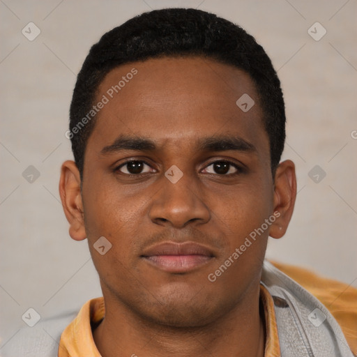 Neutral latino young-adult male with short  black hair and brown eyes