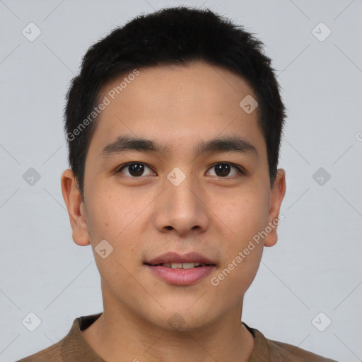 Neutral asian young-adult male with short  brown hair and brown eyes