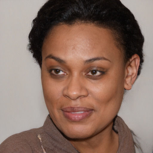 Joyful black adult female with short  brown hair and brown eyes