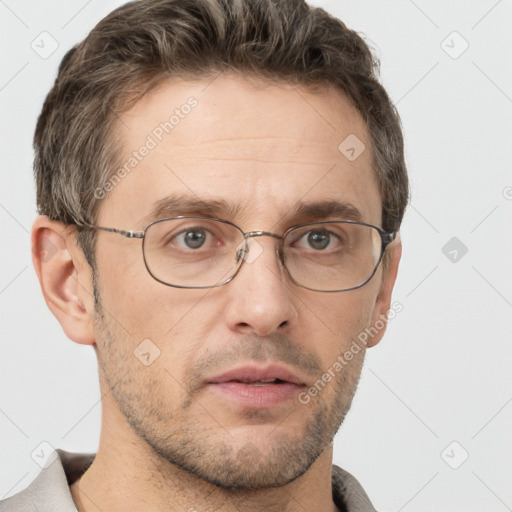 Neutral white adult male with short  brown hair and brown eyes