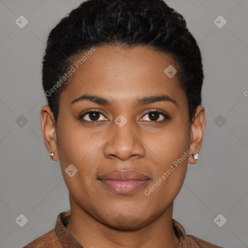 Joyful black young-adult female with short  brown hair and brown eyes