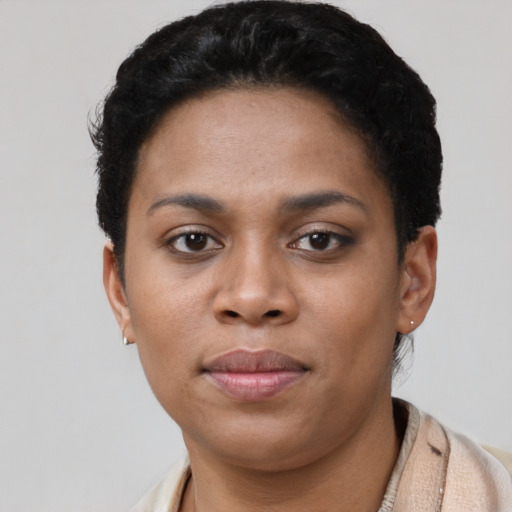 Neutral black young-adult female with short  brown hair and brown eyes