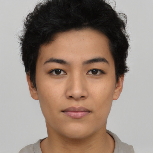 Neutral asian young-adult female with short  black hair and brown eyes