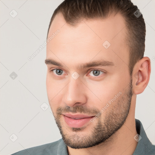 Neutral white young-adult male with short  brown hair and brown eyes