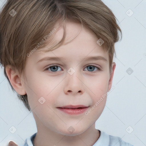 Joyful white child female with short  brown hair and grey eyes