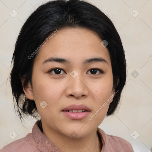 Joyful asian young-adult female with medium  black hair and brown eyes