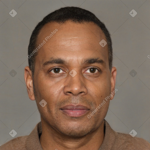 Neutral latino adult male with short  black hair and brown eyes