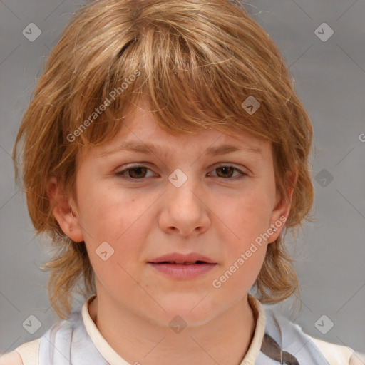 Joyful white child female with medium  brown hair and blue eyes