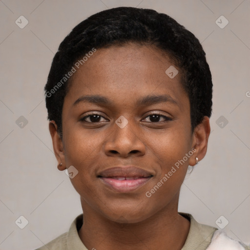 Joyful latino young-adult female with short  black hair and brown eyes