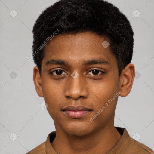 Neutral black young-adult male with short  black hair and brown eyes