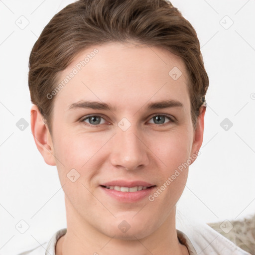 Joyful white young-adult female with short  brown hair and grey eyes