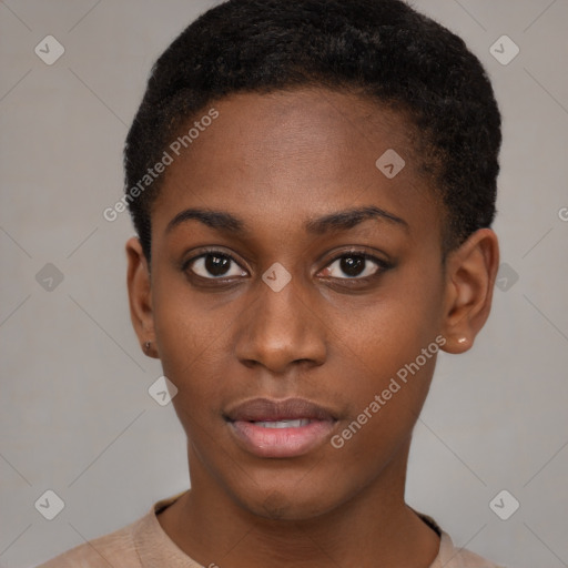 Neutral black young-adult female with short  brown hair and brown eyes