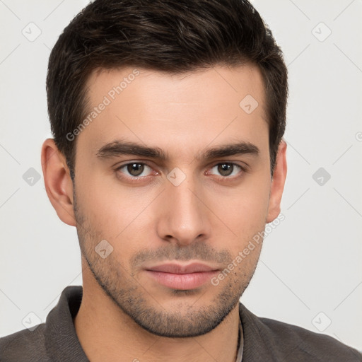 Neutral white young-adult male with short  brown hair and brown eyes