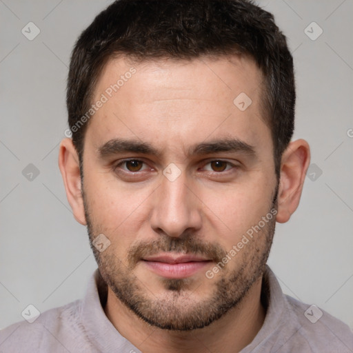 Neutral white young-adult male with short  brown hair and brown eyes