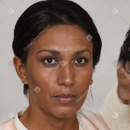 Neutral asian young-adult female with medium  brown hair and brown eyes