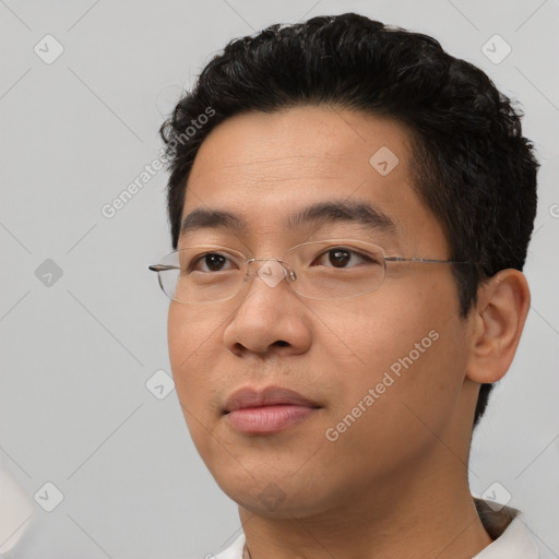 Neutral asian young-adult male with short  black hair and brown eyes