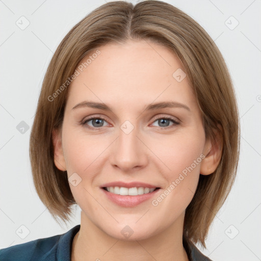 Joyful white young-adult female with medium  brown hair and blue eyes