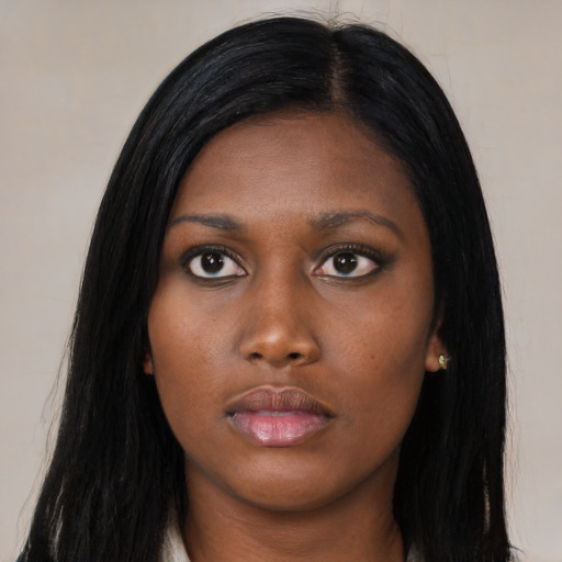Neutral asian young-adult female with long  black hair and brown eyes