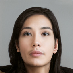 Neutral asian young-adult female with long  black hair and brown eyes