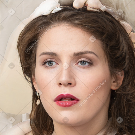 Neutral white young-adult female with medium  brown hair and grey eyes