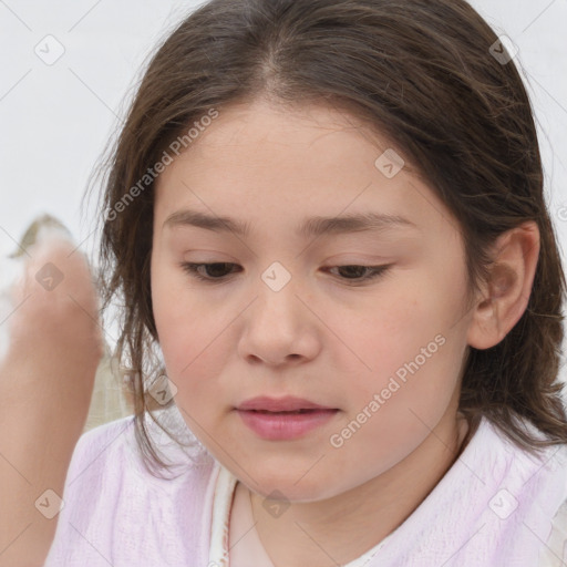 Joyful white child female with medium  brown hair and brown eyes