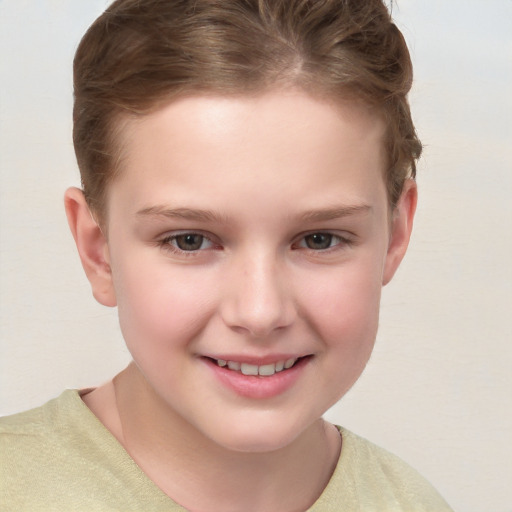 Joyful white child female with short  brown hair and grey eyes