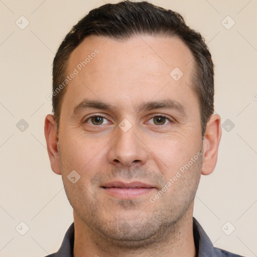 Neutral white young-adult male with short  brown hair and brown eyes