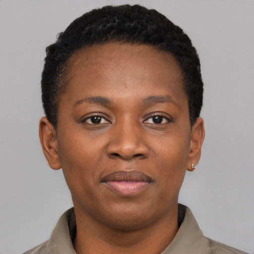 Joyful black young-adult female with short  black hair and brown eyes