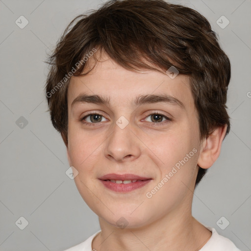 Joyful white young-adult female with medium  brown hair and green eyes