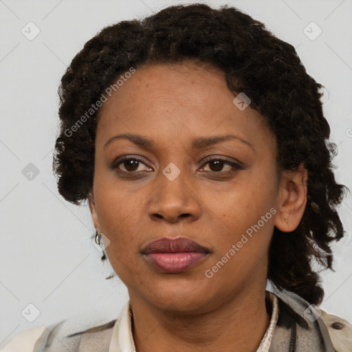 Neutral black adult female with short  brown hair and brown eyes