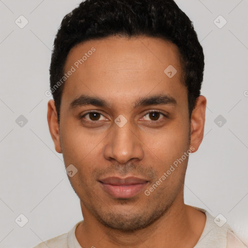 Neutral latino young-adult male with short  black hair and brown eyes